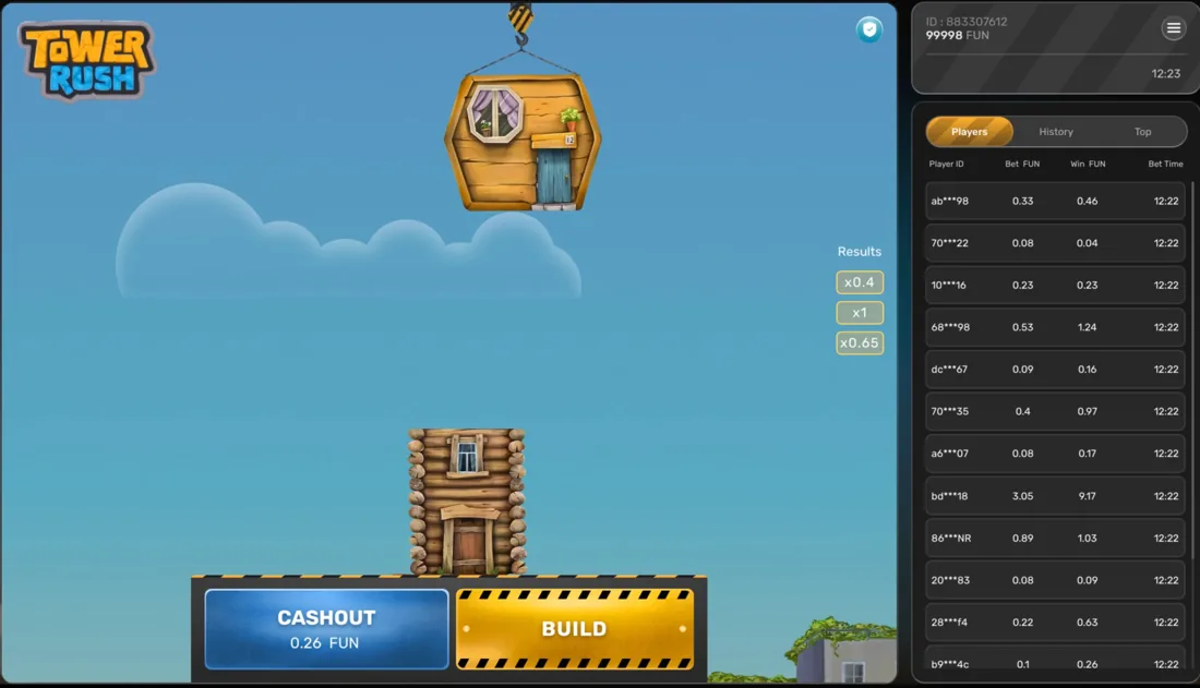 Tower Rush gameplay screen showing the crane dropping a wooden floor onto the tower with live player bets sidebar