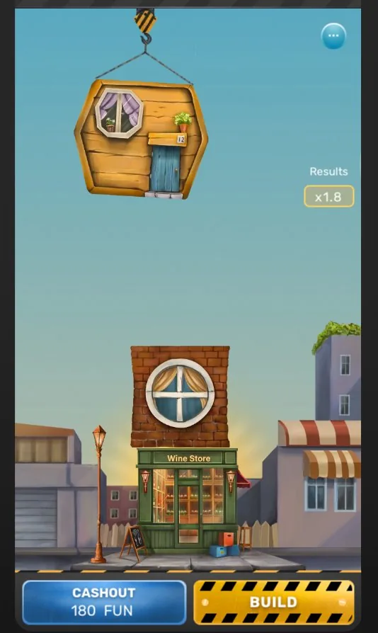 Tower Rush mobile version showing a wooden cabin floor being lowered onto a tower with the Wine Store building below